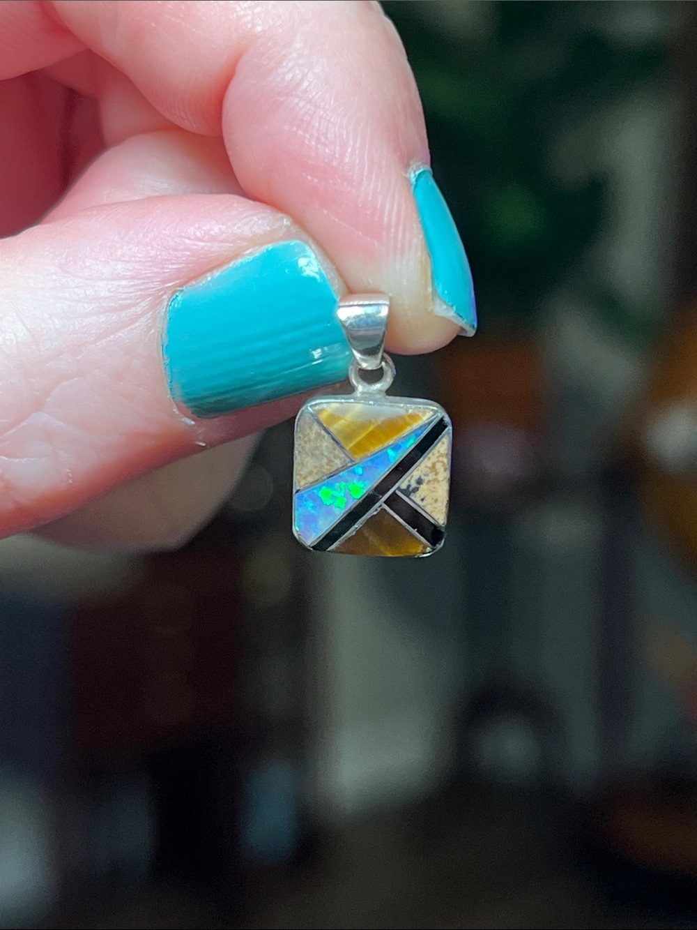 VTG Native American Opal Tiger Eye Inlaid Sterling Silver Necklace Pendant